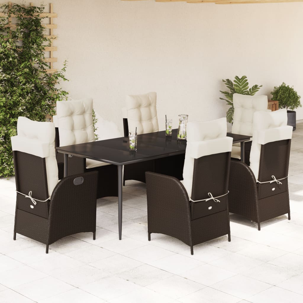 vidaXL 7 Piece Patio Dining Set with Cushions Brown Poly Rattan
