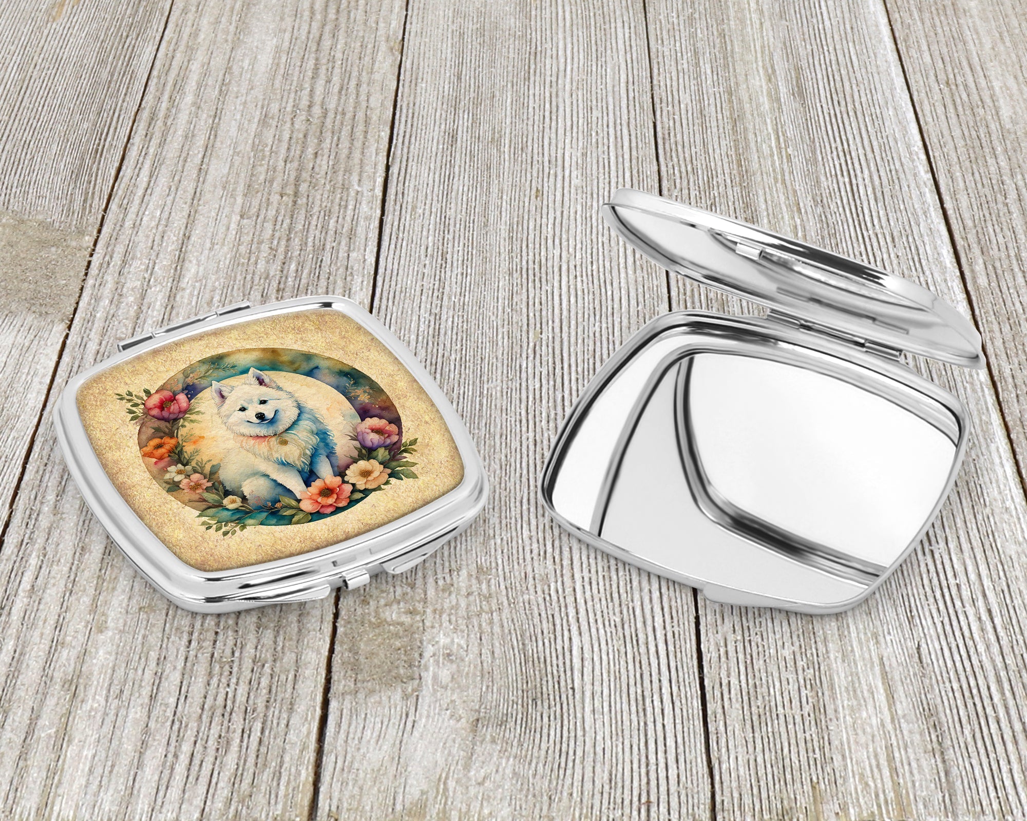 American Eskimo and Flowers Compact Mirror