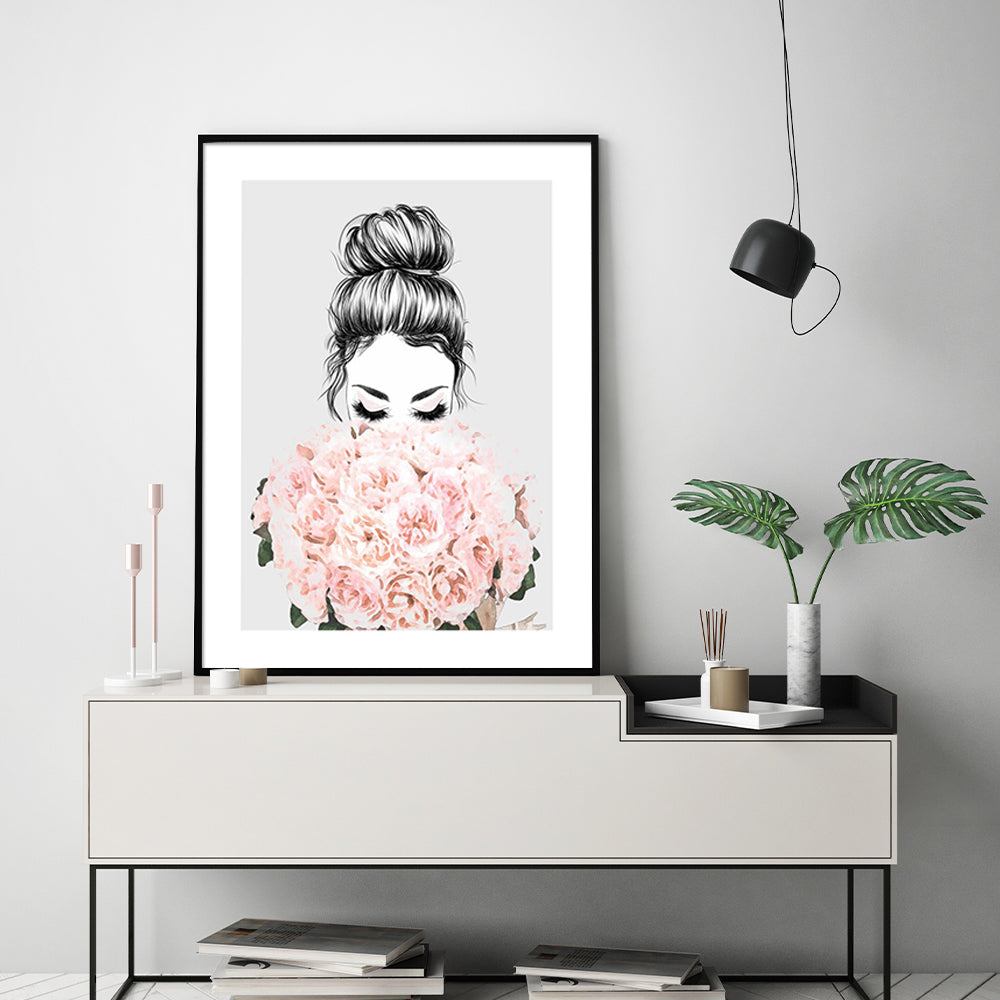 NNEDSZ Wall Art 80cmx120cm Roses Girl Black Frame Canvas