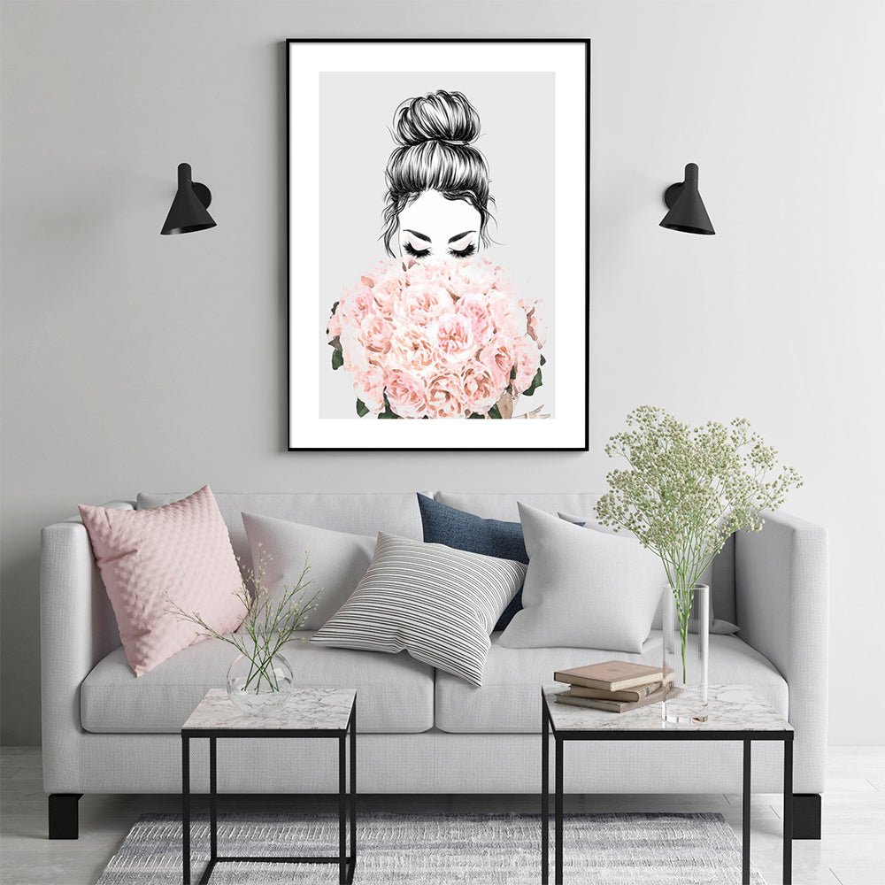 NNEDSZ Wall Art 80cmx120cm Roses Girl Black Frame Canvas